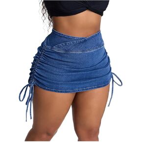 Floerns Women's Plus Size Cross Wrap Waist Denim Skirt Drawstring Side Mini Skirt