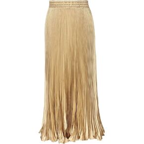 ebossy Women's Boho Satin Metallic Pleated Accordion Skirts Elastic High Waist Flowy A Line Shirring Maxi Long Skirt (One Size, Gold)