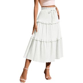 Meetjen Women's Summer Flowy Boho Midi Tier Tier Shengle Skirt مرنة عالية الخصر شاطئ عرضي خطوط طويلة العصرية تنانير طويلة