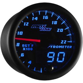 MaxTow Double Vision 2200 F Pyrometer Exhaust Gas Temperature EGT Gauge Kit - Includes Type K Probe - Black Gauge Face - Blue LED Dial - Analog & Digital Readouts - for Gas Trucks - 2-1/16" 52mm