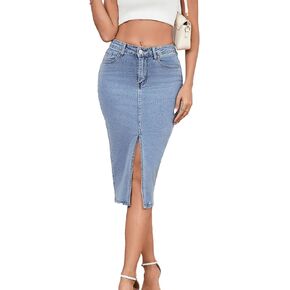 Women's Casual Jean Skirt High Waist Slit Midi Denim Skirt in Kuwait