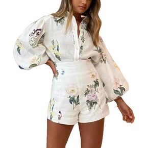 Molilove Womens 2 Piece Outfit Hawaiian Long Sleeve Button Down Shirt and Shorts Tracksuit Lounge Set