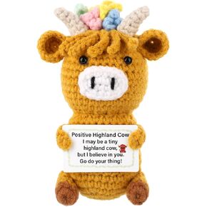 Positive Highland Cow, Crochet Highland Cow Emotional Animal Knitted Highland Cow Inspirational Support Cow Knitted Wool Doll for Encouragement Gifts Party Decoration(Brownish Yellow)