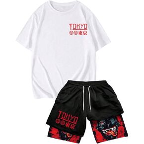 مجموعات قصيرة من قطعة 2 قطعة من Gorglitter Men Sets Y2K Short Sleeve Graphic Tees و Anime 2 في 1 شورت