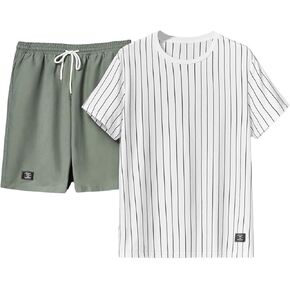 Men's 2 Piece Outfits Short Sleeve Striped Tee Shirt and Drawstring Waist Track Shorts Summer Clothings