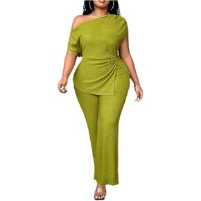 Wdirara Women's Plus Size 2 قطعة ، وضعت سروال مضيئة على الكتف واحد