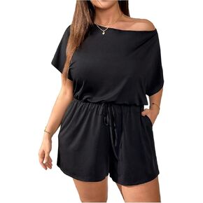 Verdusa Women's Plus Size Off The Shoulder One Piece Romper Drawstring Short Jumpsuits with Pockets