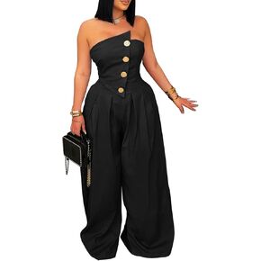 HuiSiFang Women's Sexy Tube Top Strapless Jumpsuits Casual Button High Waist Loose Wide Leg Jumpsuits Romper Streetwear in Kuwait