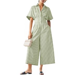 Cotton Summer Wide Leg Jumpsuits 2025 Women Elegant Striped Short Sleeve Long Rompers Button Down One Piece Outfits
