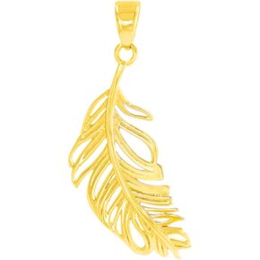 Solid 14K Yellow Gold Textured Feather Charm Pendant