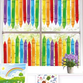 12 Sheets Colorful Crayon Window Clings Double Sided Window Stickers Rainbow Crayon Window Decals Back to School Windows Clings for Back to The School Classroom Home Wall Glass Blackboard Decorations
