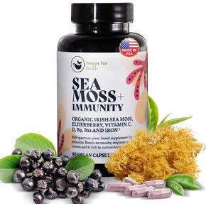 Happy Fox Fox Irish Sea Moss Capsules مع Black Elderberry - دعم المناعة ، الفيتامينات C ، D3 ، B9 ، B12 ، حبوب منع الحديد ، حبوب البحر العضوية ، الولايات المتحدة الأمريكية مصنوعة