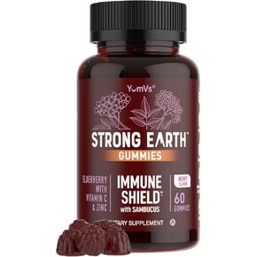 YUM-V'S Strong Earth by YumV's Immune Shield with Sambucus Elderberry Gummies for Adults - Black Elderberry with Vitamin C and Zinc - Berry Flavored Immune Support Gummies (60 Count (Pack of 1))