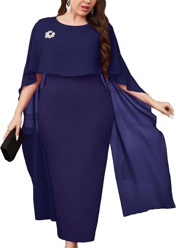 ZOMVA Plus Size Elegant Chiffon Cape Dress Crew Neck Wedding Guest Bodycon Cocktail Pencil Maxi Dresses, Without Brooch in Saudi Arabia