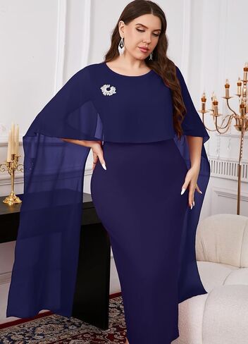 ZOMVA Plus Size Elegant Chiffon Cape Dress Crew Neck Wedding Guest Bodycon Cocktail Pencil Maxi Dresses, Without Brooch in Saudi Arabia