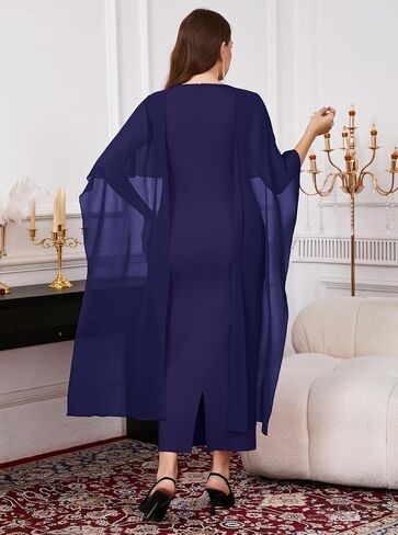 ZOMVA Plus Size Elegant Chiffon Cape Dress Crew Neck Wedding Guest Bodycon Cocktail Pencil Maxi Dresses, Without Brooch in Saudi Arabia