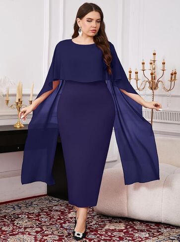 ZOMVA Plus Size Elegant Chiffon Cape Dress Crew Neck Wedding Guest Bodycon Cocktail Pencil Maxi Dresses, Without Brooch in Saudi Arabia