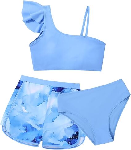 ESHOO Girls Swimsuit 3 Piece Bathing Suit Ruffled Bikini Set with Shorts for Girls 9-16 Years Swimwear in Saudi Arabia