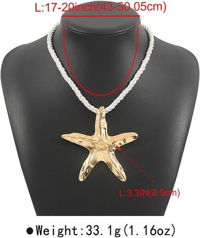 Dtja Large Starfish Pendant Necklace for Women Girls Handmade Hammered Star Shaped Ocean Sea Marine Life Rope Chain Adjustable Necklaces Fashion Chic Beach Holiday Party Jewelry 20" in Kuwait