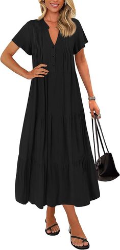 KIRUNDO Summer Maxi Dresses for Women 2025 Spring Fashion Short Sleeve Button V Neck Pleated Loose Tiered Swing Flowy Dress in Kuwait