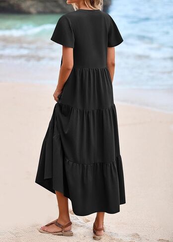 KIRUNDO Summer Maxi Dresses for Women 2025 Spring Fashion Short Sleeve Button V Neck Pleated Loose Tiered Swing Flowy Dress in Kuwait