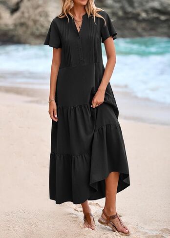 KIRUNDO Summer Maxi Dresses for Women 2025 Spring Fashion Short Sleeve Button V Neck Pleated Loose Tiered Swing Flowy Dress in Kuwait