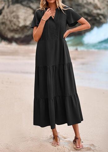 KIRUNDO Summer Maxi Dresses for Women 2025 Spring Fashion Short Sleeve Button V Neck Pleated Loose Tiered Swing Flowy Dress in Kuwait