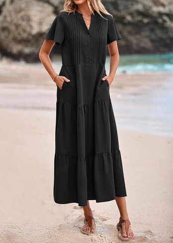 KIRUNDO Summer Maxi Dresses for Women 2025 Spring Fashion Short Sleeve Button V Neck Pleated Loose Tiered Swing Flowy Dress in Kuwait