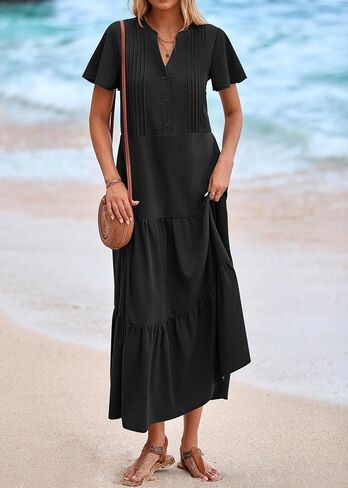 KIRUNDO Summer Maxi Dresses for Women 2025 Spring Fashion Short Sleeve Button V Neck Pleated Loose Tiered Swing Flowy Dress in Kuwait