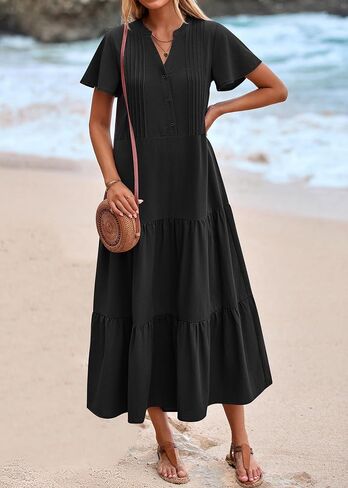 KIRUNDO Summer Maxi Dresses for Women 2025 Spring Fashion Short Sleeve Button V Neck Pleated Loose Tiered Swing Flowy Dress in Kuwait