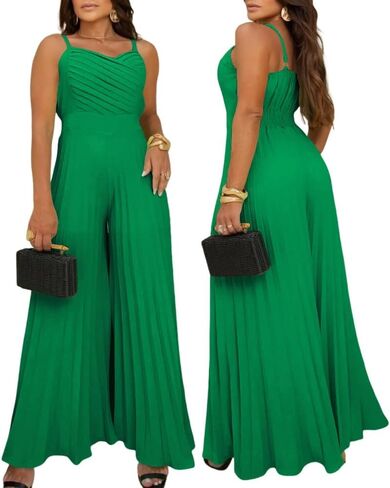 CHICME Women’s V Neck Spaghetti Strap Jumpsuits Wide Leg Pleated Pants Summer Cami Overalls in Saudi Arabia