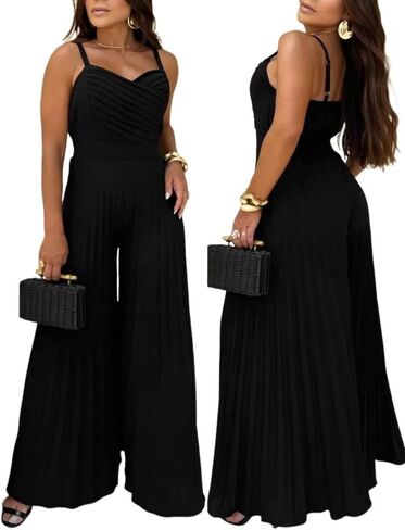 CHICME Women’s V Neck Spaghetti Strap Jumpsuits Wide Leg Pleated Pants Summer Cami Overalls in Saudi Arabia