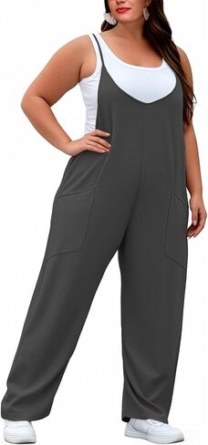 Women's Plus Size Jumpsuit Summer Casual Sleeveless Overalls Adjustable Strap Loose Fit Rompers With Pockets in Saudi Arabia