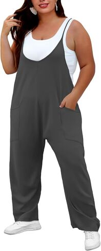 Women's Plus Size Jumpsuit Summer Casual Sleeveless Overalls Adjustable Strap Loose Fit Rompers With Pockets in Saudi Arabia