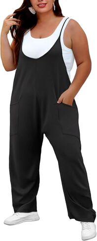 Women's Plus Size Jumpsuit Summer Casual Sleeveless Overalls Adjustable Strap Loose Fit Rompers With Pockets in Saudi Arabia