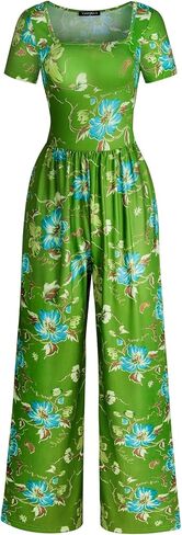 Womens Summer Jumpsuits Dressy Casual One Piece Outfits Short Sleeve Wide Leg Long Pants Rompers with Pockets in Kuwait