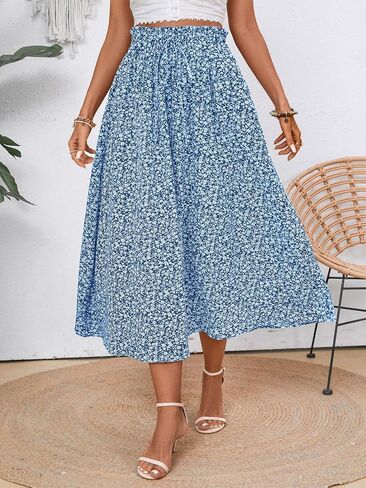 Women's Elastic Waist Skirt Floral Casual Skirt with Pockets in Spring Summer and Autumn in Kuwait