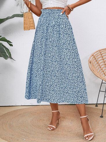 Women's Elastic Waist Skirt Floral Casual Skirt with Pockets in Spring Summer and Autumn in Kuwait