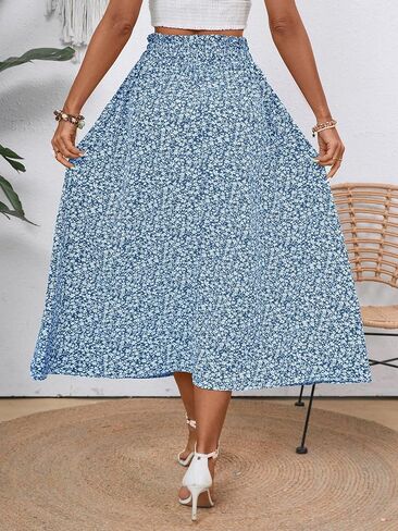 Women's Elastic Waist Skirt Floral Casual Skirt with Pockets in Spring Summer and Autumn in Kuwait