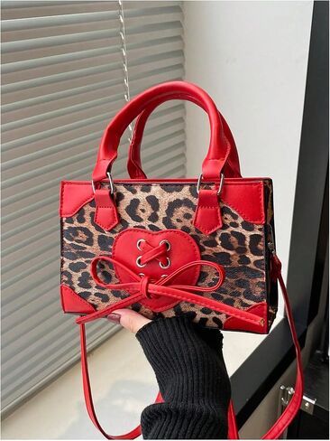 Women's Y2K Leopard Print Lace Up Satchel Handbag Zipper Double Handle Mini Shoulder Bag in Saudi Arabia