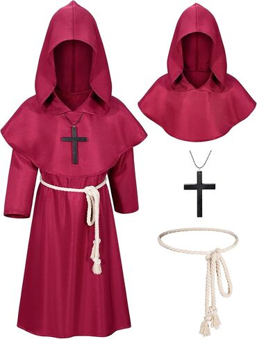 Kids Medieval Renaissance Monk Costume Priest Friar Wizard Cloak Hooded Robe Cosplay Costume Belt Necklace Set in Saudi Arabia