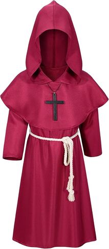Kids Medieval Renaissance Monk Costume Priest Friar Wizard Cloak Hooded Robe Cosplay Costume Belt Necklace Set in Saudi Arabia