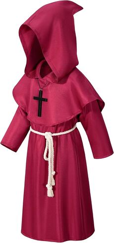 Kids Medieval Renaissance Monk Costume Priest Friar Wizard Cloak Hooded Robe Cosplay Costume Belt Necklace Set in Saudi Arabia