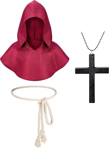 Kids Medieval Renaissance Monk Costume Priest Friar Wizard Cloak Hooded Robe Cosplay Costume Belt Necklace Set in Saudi Arabia