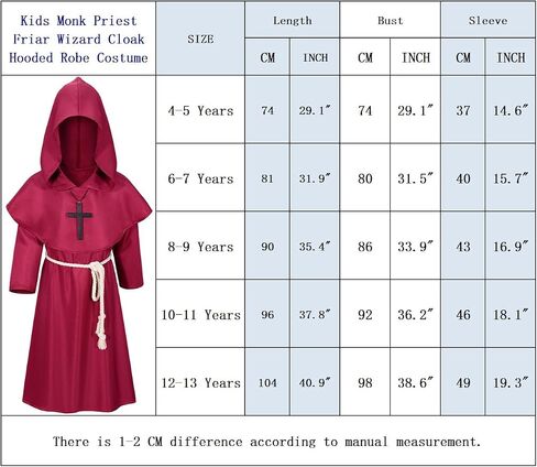 Kids Medieval Renaissance Monk Costume Priest Friar Wizard Cloak Hooded Robe Cosplay Costume Belt Necklace Set in Saudi Arabia