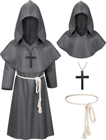 Kids Medieval Renaissance Monk Costume Priest Friar Wizard Cloak Hooded Robe Cosplay Costume Belt Necklace Set in Saudi Arabia