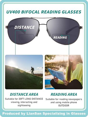 Liansan 2 Packs Premium Aviator Bifocal Reading نظارات شمسية للرجال للنساء Retro Top Clear Sun Readers Protection in Kuwait