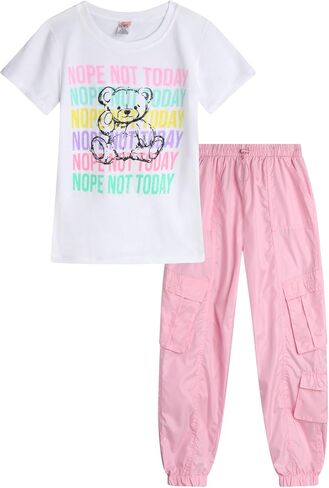 Real Love Girls' Cargo Pants Set - 2 Piece Short Sleeve Graphic T-Shirt or Tank Top and Cargo Joggers for Girls (Sizes: 7-16) in Kuwait