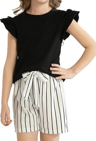 Girls Clothes Cute Ruffle Short Sleeve Shirts Top High Waist Shorts Set with Pockets Summer Outfits for Girls in Saudi Arabia
