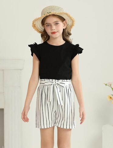 Girls Clothes Cute Ruffle Short Sleeve Shirts Top High Waist Shorts Set with Pockets Summer Outfits for Girls in Saudi Arabia